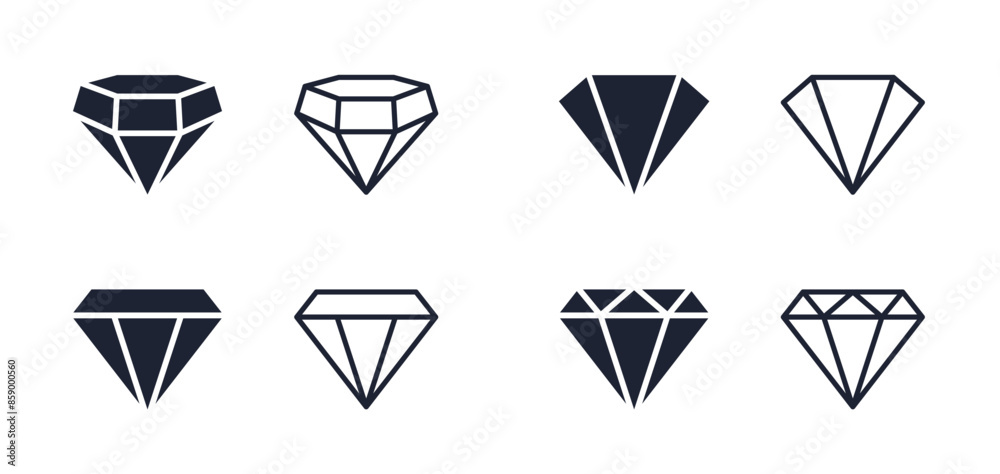 Diamond icon set. Different shapes of diamond cuts. Dimond icon set in flat style. Abstract black diamond collection icons. Gemstone icon set. Diamonds logo design. Vector illustration. EPS 10 Diamond icon set. Different shapes of diamond cuts. Dimond icon set in flat style. Abstract black diamond collection icons. Gemstone icon set. Diamonds logo design. Vector illustration. EPS 10