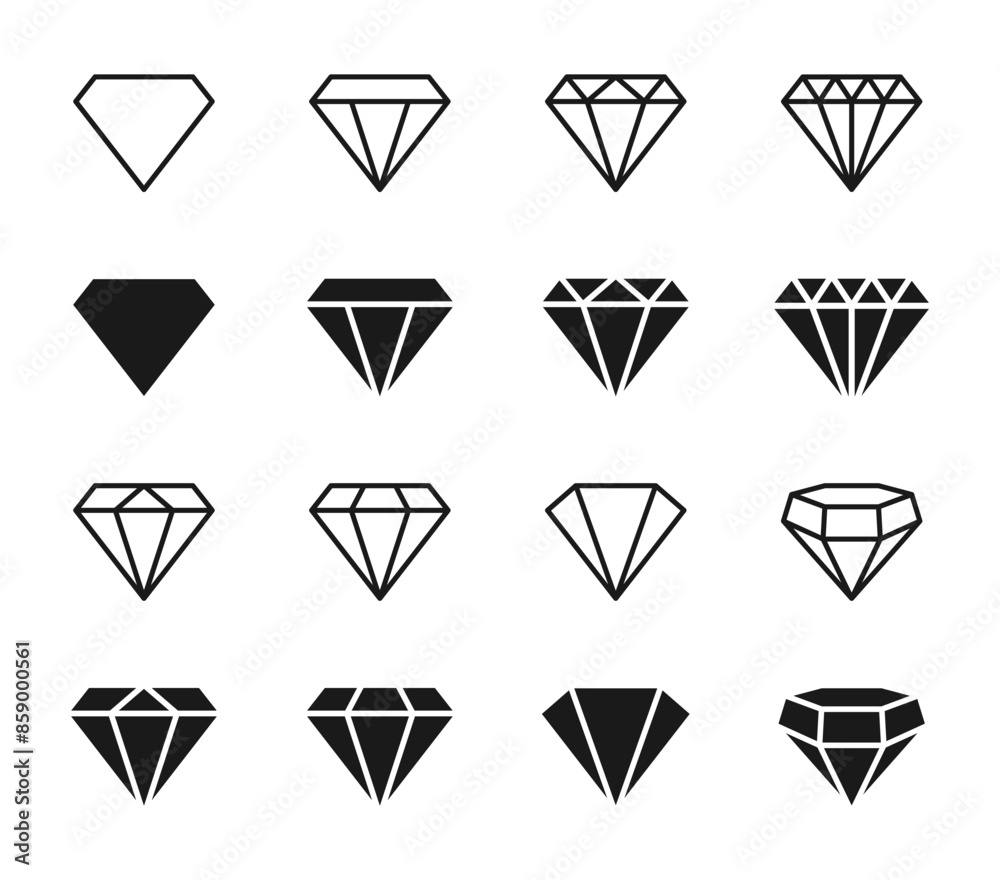 Diamond icon set. Different shapes of diamond cuts. Dimond icon set in flat style. Abstract black diamond collection icons. Gemstone icon set. Diamonds logo design. Vector illustration. EPS 10 Diamond icon set. Different shapes of diamond cuts. Dimond icon set in flat style. Abstract black diamond collection icons. Gemstone icon set. Diamonds logo design. Vector illustration. EPS 10