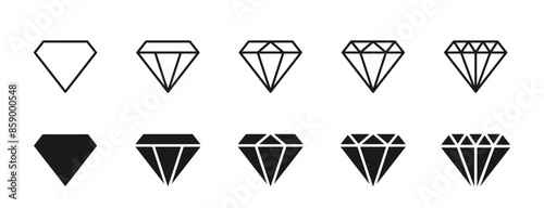 Diamond icon set. Different shapes of diamond cuts. Dimond icon set in flat style. Abstract black diamond collection icons. Gemstone icon set. Diamonds logo design. Vector illustration. EPS 10