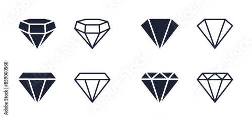 Diamond icon set. Different shapes of diamond cuts. Dimond icon set in flat style. Abstract black diamond collection icons. Gemstone icon set. Diamonds logo design. Vector illustration. EPS 10