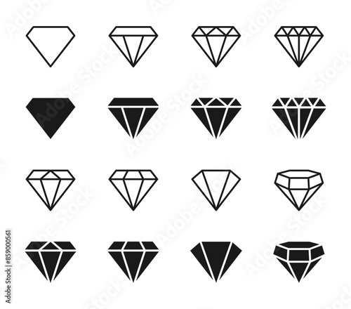 Diamond icon set. Different shapes of diamond cuts. Dimond icon set in flat style. Abstract black diamond collection icons. Gemstone icon set. Diamonds logo design. Vector illustration. EPS 10