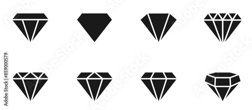 Diamond icon set. Different shapes of diamond cuts. Dimond icon set in flat style. Abstract black diamond collection icons. Gemstone icon set. Diamonds logo design. Vector illustration. EPS 10