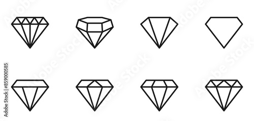 Diamond icon set. Different shapes of diamond cuts in linear style. Dimond icon set in flat style. Abstract black diamond collection icons. Gemstone icon set. Diamonds logo design. Editable move.