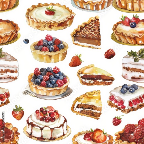 This colorful watercolor illustration features an assortment of delicious cakes and pies, perfect for a bakery or dessert-themed design. The illustration features a variety of flavors and styles, incl photo