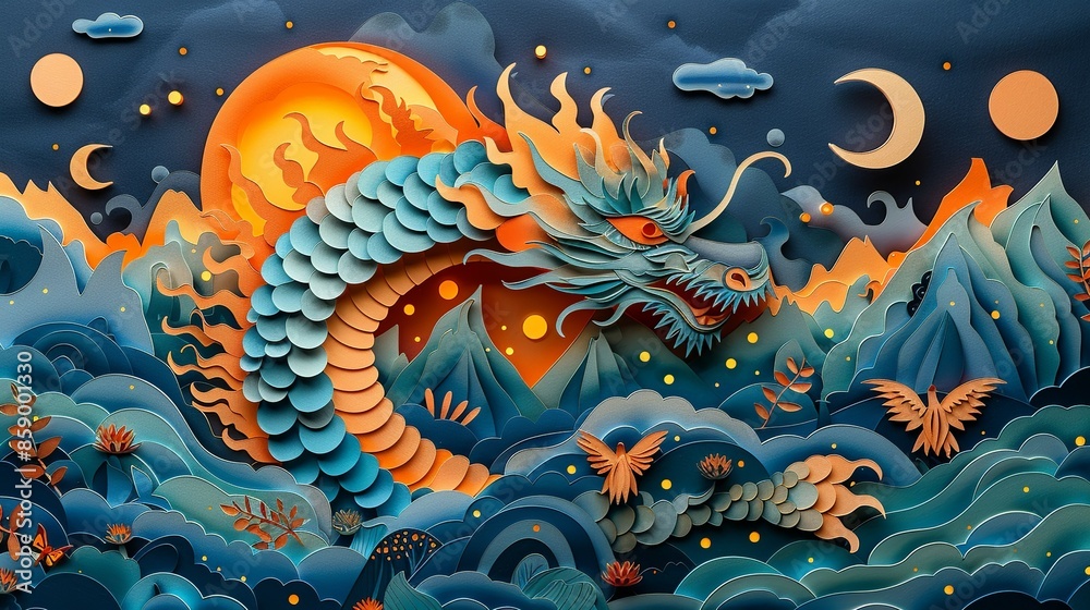 Paper-cut wonderland: kids embark on a magical journey meeting gods, demons, and fantastical creatures. Illustration, Minimalism, Paper-cut wonderland: kids embark on a magical journey meeting gods, demons, and fantastical creatures. Illustration, Minimalism,