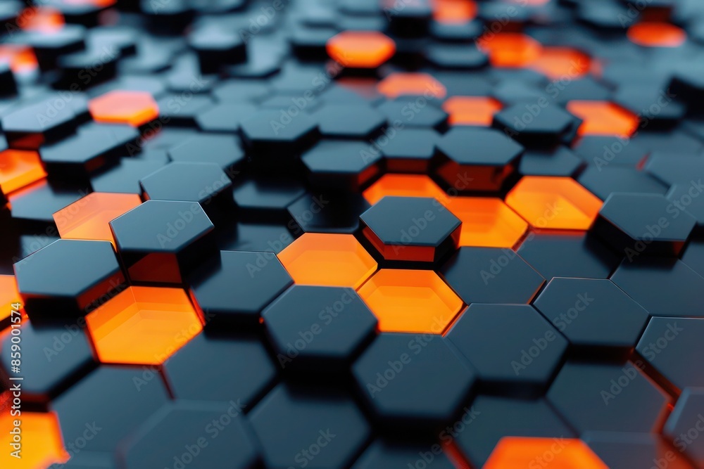 Abstract Background, a complex 3D lattice of hexagonal prisms in a striking palette of black and neon orange Abstract Background, a complex 3D lattice of hexagonal prisms in a striking palette of black and neon orange