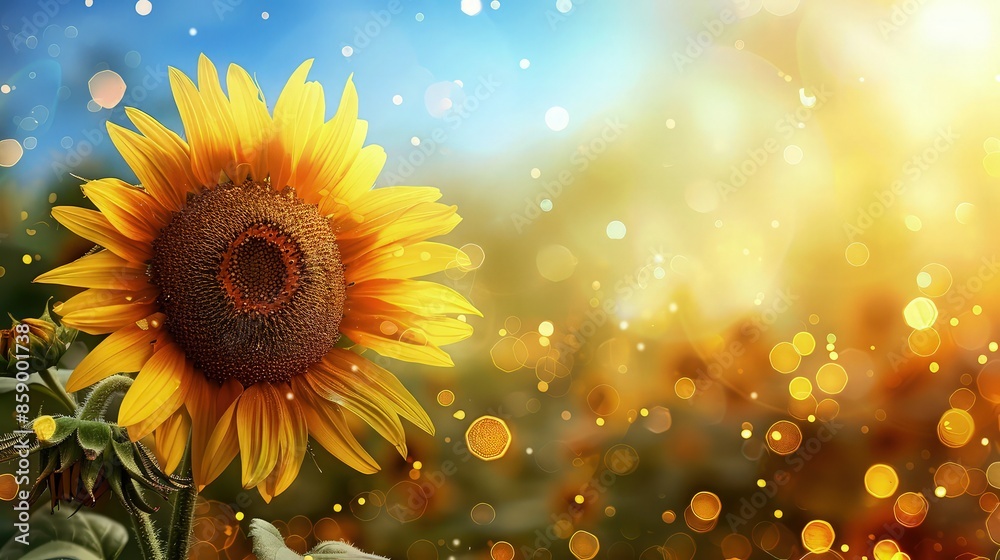 Fototapeta premium Sunflower background with bokeh lights. Bright summer landscape.