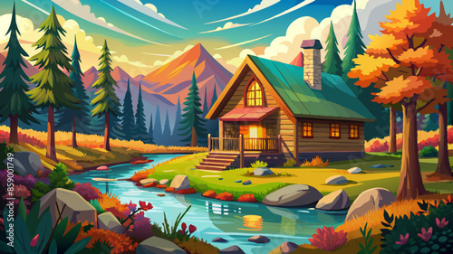 A rustic wooden cabin nestled in a lush, autumnal forest landscape. The cabin has a slanted roof, a porch, and is surrounded by tall pine trees. In the foreground, there is a small pond or stream 