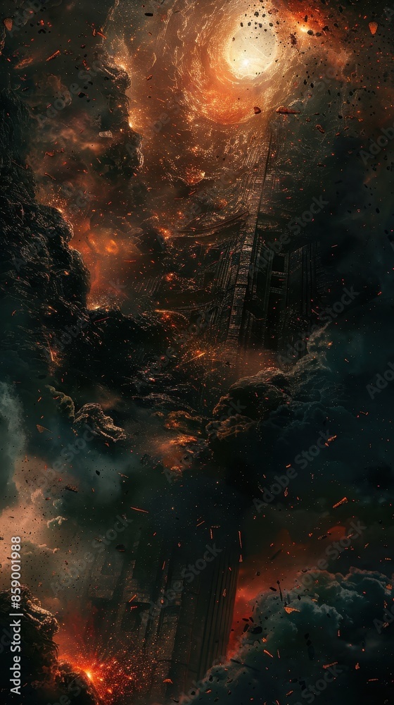 Fototapeta premium Apocalyptic Cityscape with Falling Debris