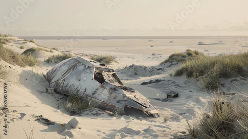 Fototapeta Naklejka Na Ścianę i Meble -  A futuristic post-apocalyptic scene with rusted spacecraft wreckage on a desolate beach, hinting at a past space exploration tragedy.