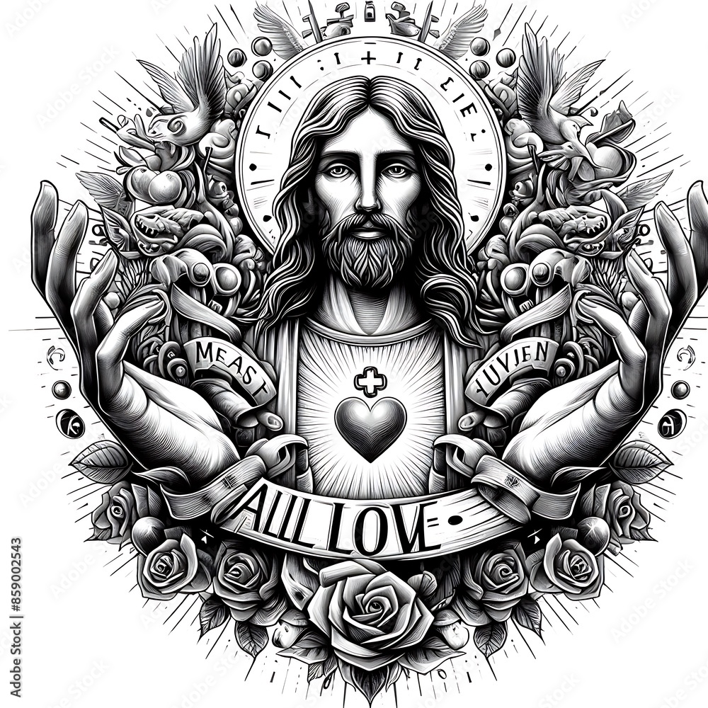 Obraz premium A drawing of a Jesus christ design drawing graphic with a heart and hands around it Artistic professional vector engaging.