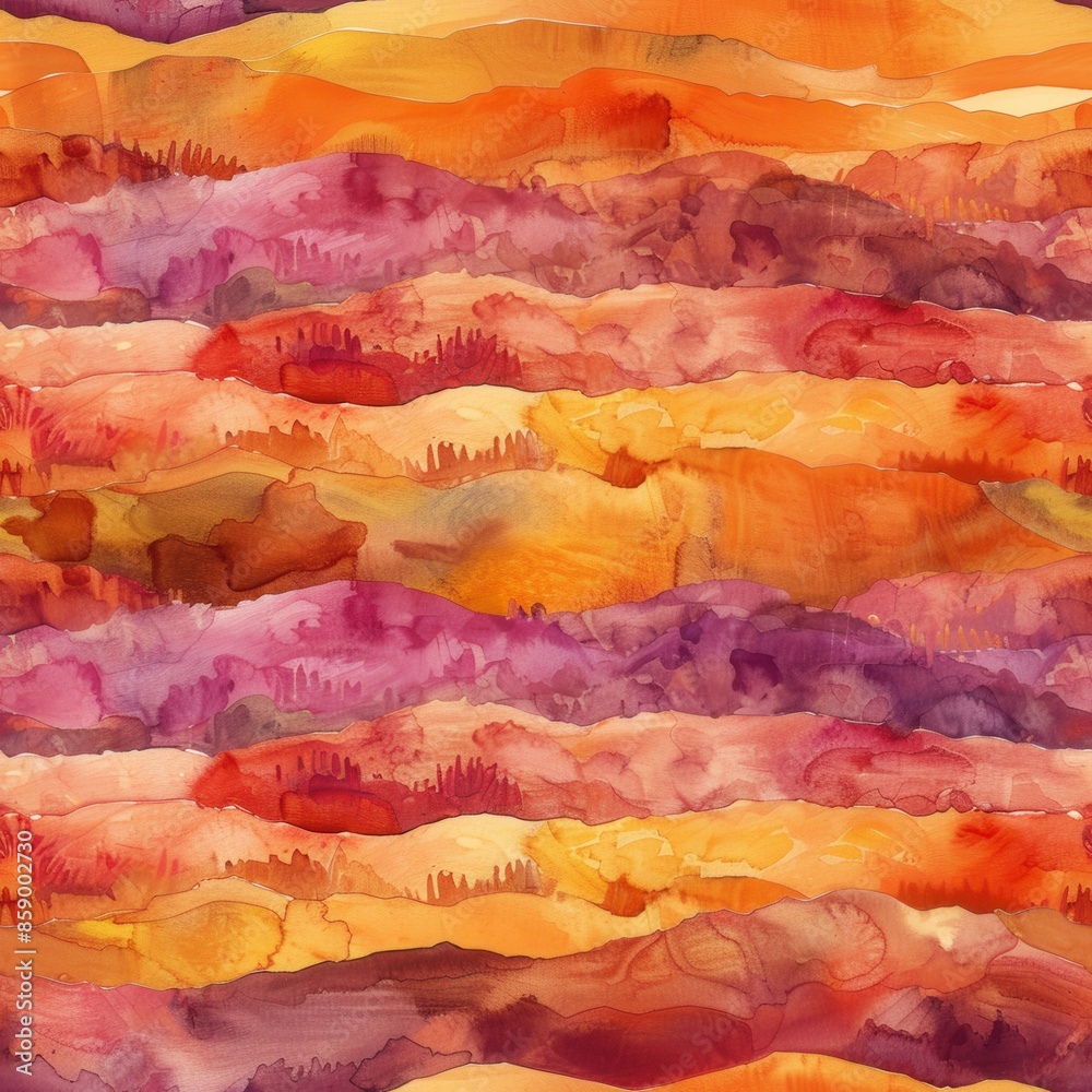 This abstract watercolor painting depicts a series of rolling hills with soft, undulating forms. The artist has used a vibrant palette of orange, yellow, pink, and purple hues to create a sense of war This abstract watercolor painting depicts a series of rolling hills with soft, undulating forms. The artist has used a vibrant palette of orange, yellow, pink, and purple hues to create a sense of war