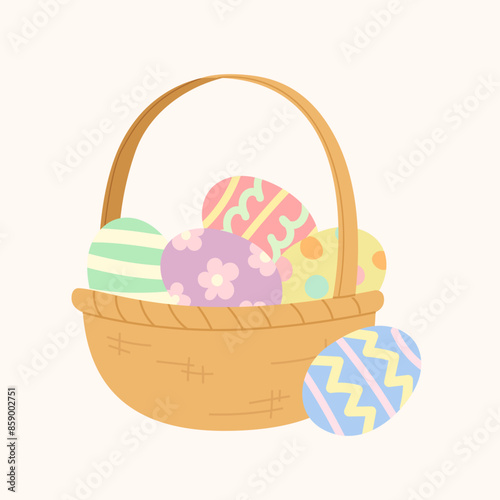 Cute colorful painted Easter eggs in basket for Easter Day. Vector illustration isolated on beige background for Easter day decoration, invitation card, banner, poster, Spring holiday, festive.