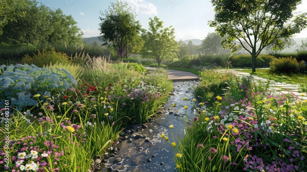 Naklejka premium The tranquil sight of a garden from a luxury room, where a gentle stream flows through the landscape, bordered by wildflowers and soft grasses.