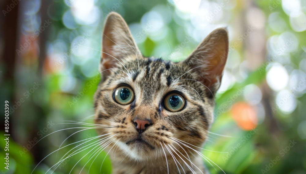 Fototapeta premium Cute tabby cat looking at camera with green bokeh background