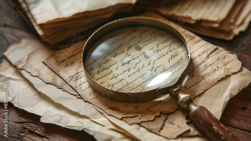 A magnifying glass resting on old, handwritten letters, surrounded by aged paper, conveying a sense of history and discovery.