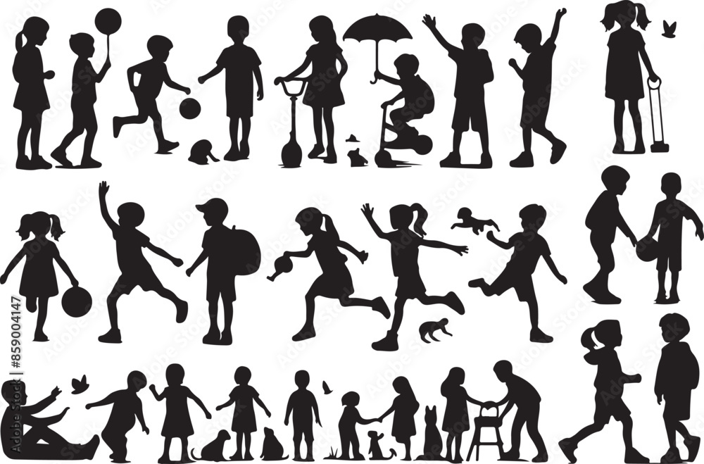 Silhouettes of Children: This high-quality illustration brings childhood joy to life in a captivating black and white scene. Silhouettes of Children: This high-quality illustration brings childhood joy to life in a captivating black and white scene.