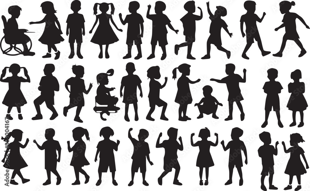 Silhouettes of Children: This high-quality illustration brings childhood joy to life in a captivating black and white scene. Silhouettes of Children: This high-quality illustration brings childhood joy to life in a captivating black and white scene.