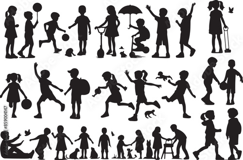 Silhouettes of Children: This high-quality illustration brings childhood joy to life in a captivating black and white scene.