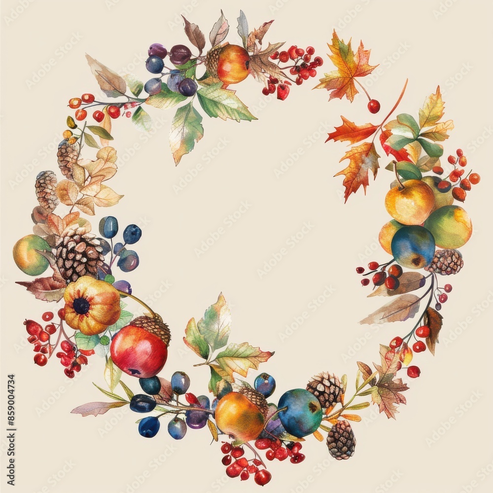 This image is a watercolor painting of a colorful autumn wreath. It features red berries, green apples, and orange and brown leaves, all arranged in a circular pattern. The wreath is painted in a real This image is a watercolor painting of a colorful autumn wreath. It features red berries, green apples, and orange and brown leaves, all arranged in a circular pattern. The wreath is painted in a real