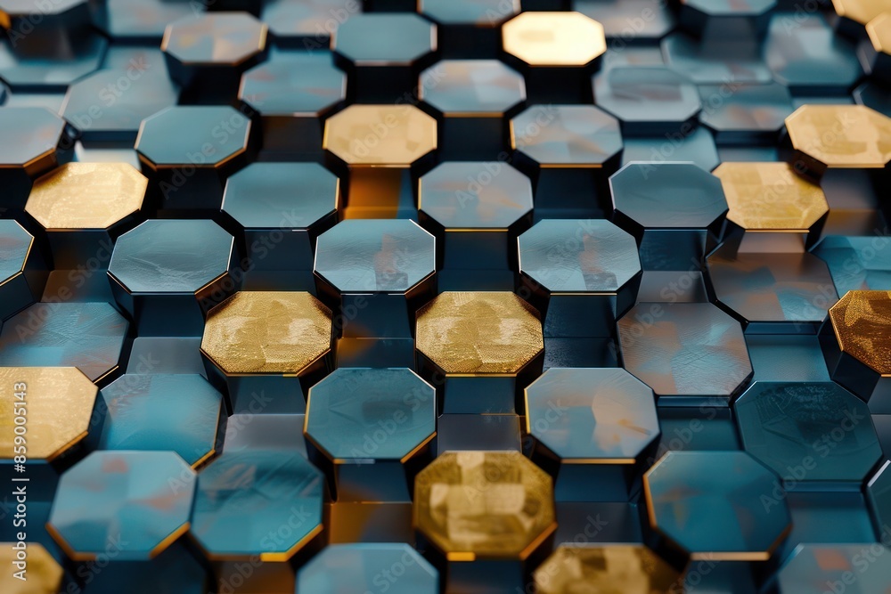 Abstract Background, a captivating 3D hexagonal grid pattern in elegant blue and gold hues Abstract Background, a captivating 3D hexagonal grid pattern in elegant blue and gold hues