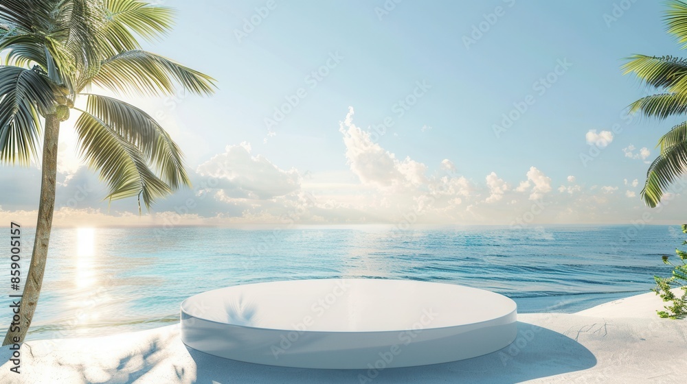 Fototapeta premium Tropical beach with podium on sand surrounded by palm trees with a clear blue ocean backdrop