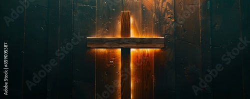Wooden cross with backlit golden light on textured wall, spiritual concept