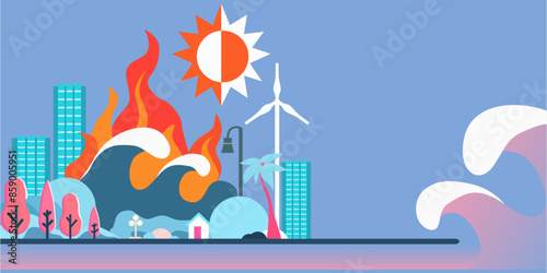 Illustration of Climate Change and Global Warming Impact on Environment