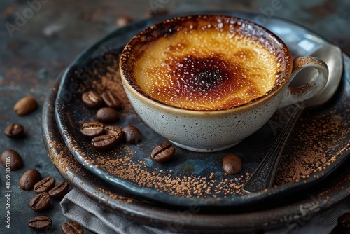 Coffee-Flavored Creme Brulee in a Cup with Coffee Beans