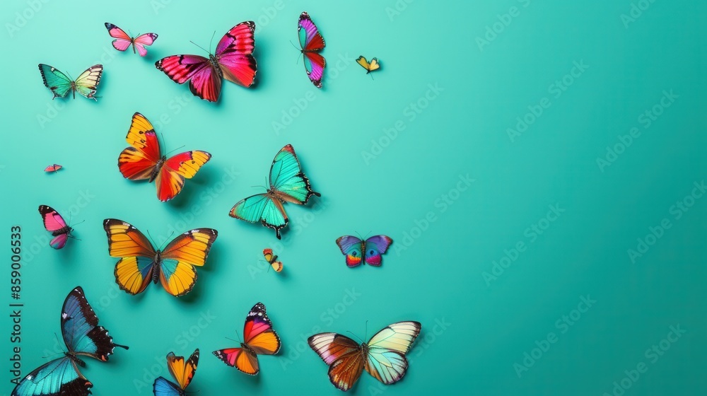 Colorful butterflies on turquoise background, spring concept. Wide banner with copy space. Colorful butterflies on turquoise background, spring concept. Wide banner with copy space.