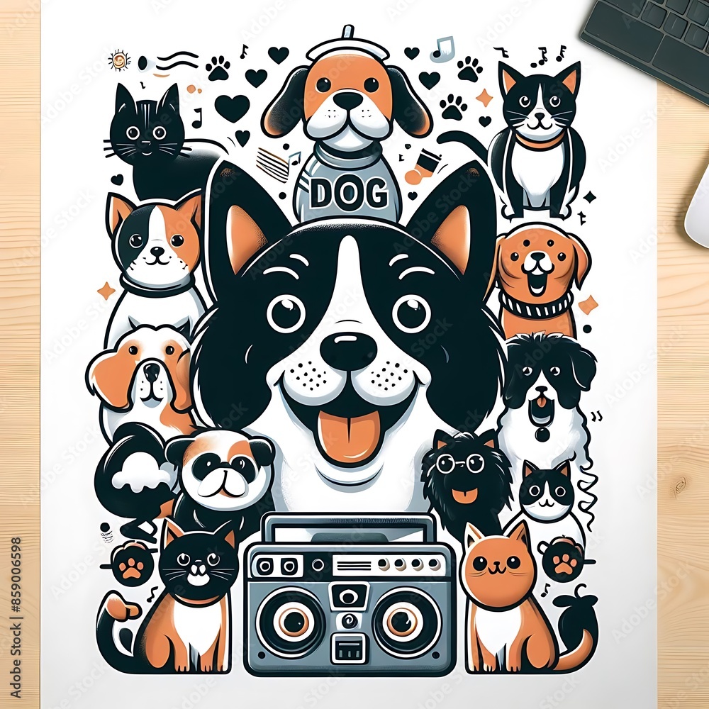 A poster of dog design graphics and cat design graphics on a desk unique relevant. A poster of dog design graphics and cat design graphics on a desk unique relevant.
