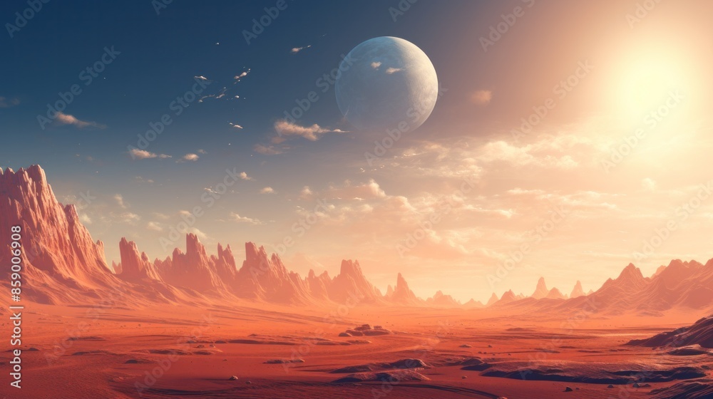 A barren, desert planet with towering mountains and deep canyons A barren, desert planet with towering mountains and deep canyons