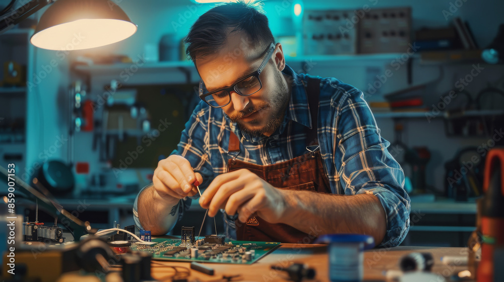 A dedicated craftsman, wearing glasses and an apron, meticulously works on an intricate circuit board under a table lamp's focused light. A dedicated craftsman, wearing glasses and an apron, meticulously works on an intricate circuit board under a table lamp's focused light.