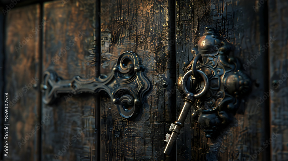 An ancient wooden door partially open, revealing a dark interior, with an ornate vintage key hanging from the keyhole, shadows adding depth to the scene An ancient wooden door partially open, revealing a dark interior, with an ornate vintage key hanging from the keyhole, shadows adding depth to the scene