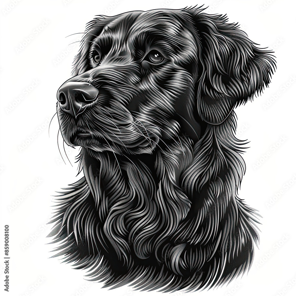 A black and white drawing of a golden retriever dog A black and white drawing of a golden retriever dog