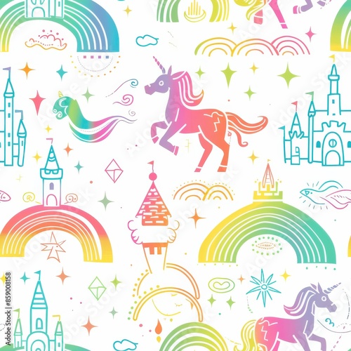 A whimsical seamless pattern featuring unicorns and castles. The illustration is rendered in a bright, colorful style with a rainbow color palette. The design includes unicorns, castles, stars, rainbo