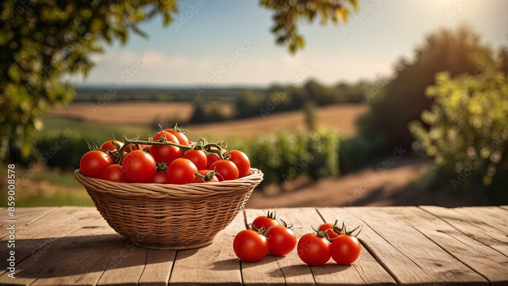 Ripe red tomatoes in a wicker basket on a wooden surface on rustic countryside blurred background. Banner with copy space. Farm natural products, harvesting concept. Nature landscape Ripe red tomatoes in a wicker basket on a wooden surface on rustic countryside blurred background. Banner with copy space. Farm natural products, harvesting concept. Nature landscape
