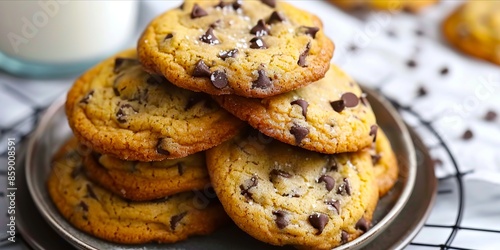 Chocolate chip cookies on a plate with milk. photo