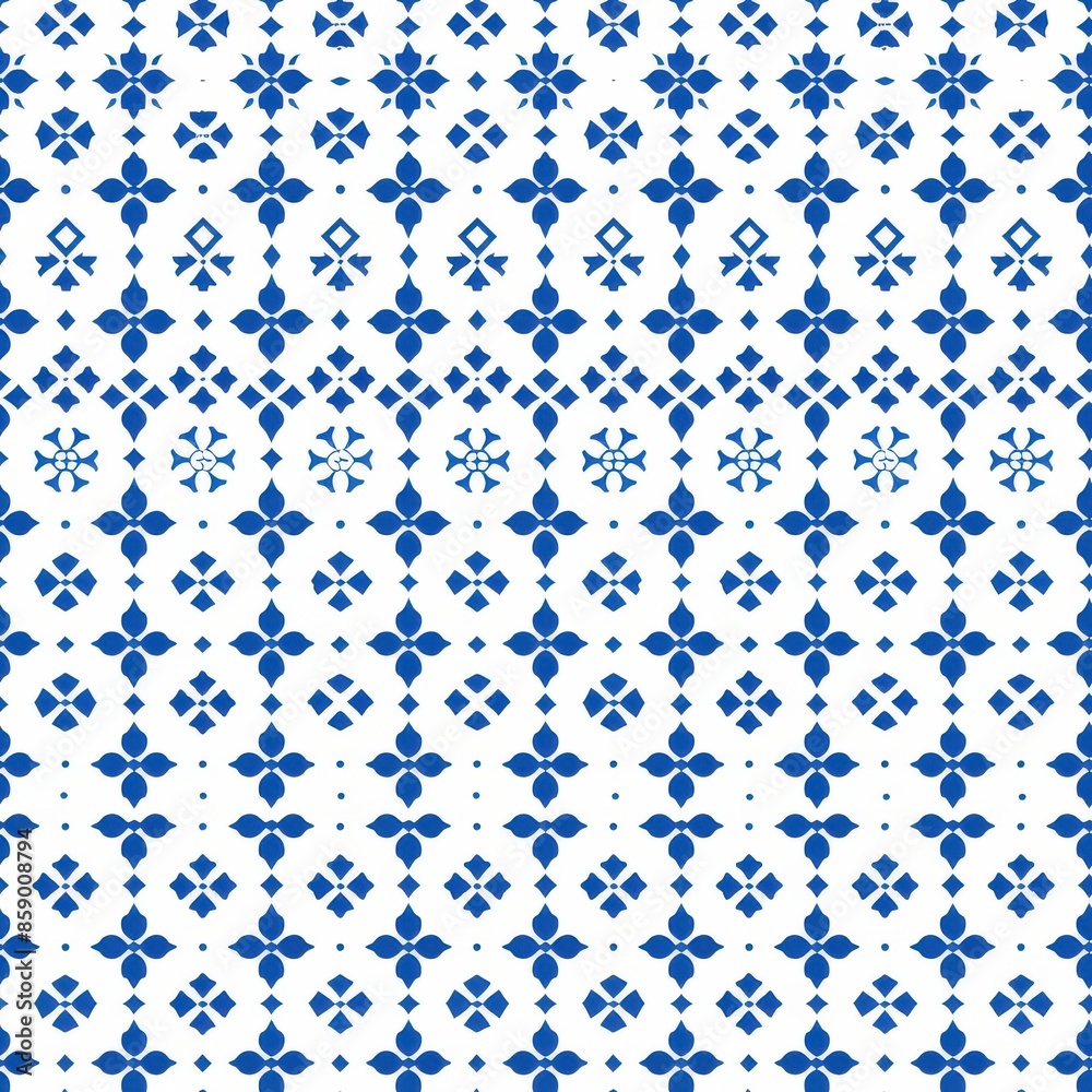This image features a seamless pattern of blue floral motifs arranged in a repeating grid on a white background. The pattern is symmetrical and intricate, with each motif consisting of a central flowe This image features a seamless pattern of blue floral motifs arranged in a repeating grid on a white background. The pattern is symmetrical and intricate, with each motif consisting of a central flowe
