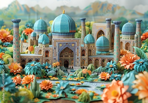 A detailed paper craft of the beautiful city of Samarkand, Uzbekistan, highlighting the Registan Square, Shah-i-Zinda, and the magnificent Bibi-Khanym Mosque. Illustration, Minimalism, photo