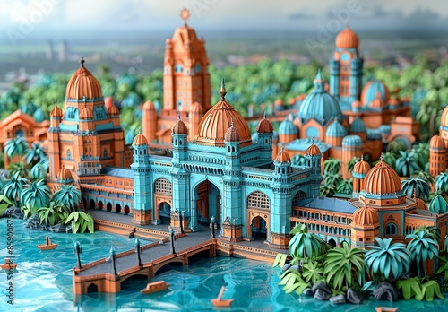 A detailed paper craft of the vibrant city of Mumbai, India, showcasing the Gateway of India, the historic Chhatrapati Shivaji Maharaj Terminus, and the bustling Marine Drive. Illustration,
