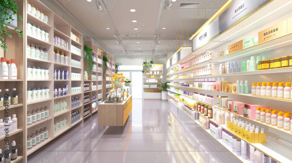 A modern and bright store aisle filled with neatly organized skincare and beauty products, reflecting a clean and welcoming shopping experience. A modern and bright store aisle filled with neatly organized skincare and beauty products, reflecting a clean and welcoming shopping experience.