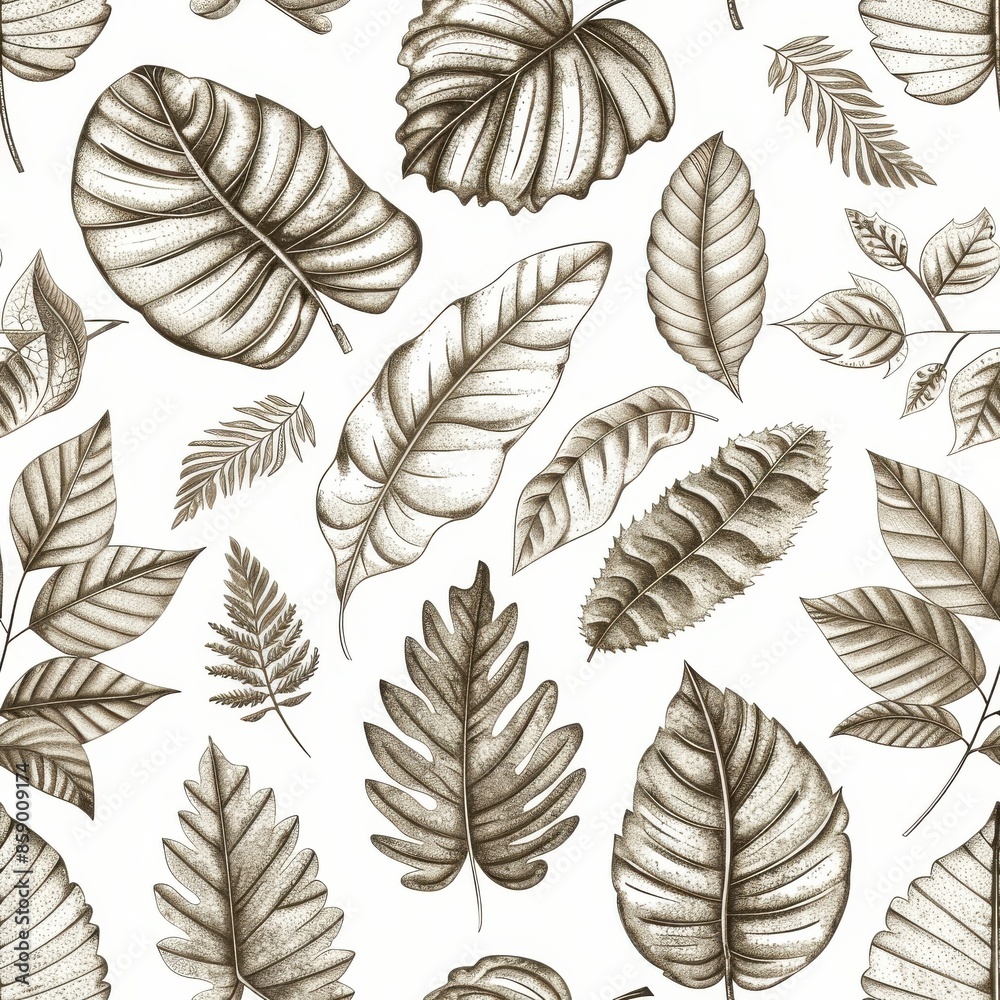 This image is a hand-drawn illustration of various leaf shapes in sepia tones. The illustration features a variety of leaves, including broad leaves, narrow leaves, and fern-like leaves. The leaves ar