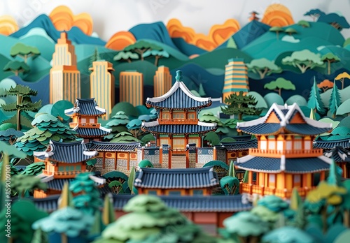 A meticulously crafted paper illustration of Seoul, South Korea, capturing the blend of modern skyscrapers and historical sites such as Gyeongbokgung Palace and Bukchon Hanok Village. Illustration,