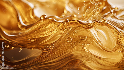 Yellow or golden wave with splashes and drops. Concept of orange liquid spill, cosmetic, olive oil, honey splashing background