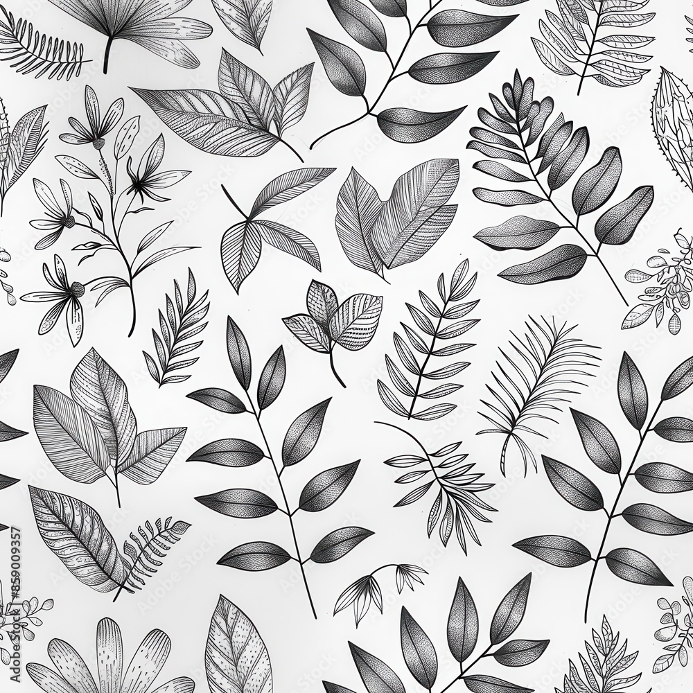 This image depicts a hand-drawn, black and white pattern featuring various leaf and flower shapes. The pattern is created with fine lines, creating a detailed and intricate aesthetic. The background i This image depicts a hand-drawn, black and white pattern featuring various leaf and flower shapes. The pattern is created with fine lines, creating a detailed and intricate aesthetic. The background i