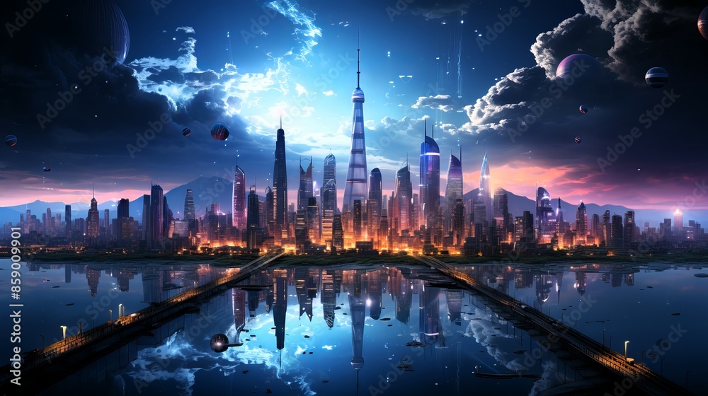 Futuristic Skyline with Reflections Futuristic Skyline with Reflections