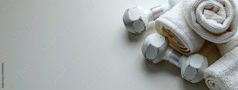 flat lay gym banner background with dumbbells and towel in texture light background flat lay gym banner background with dumbbells and towel in texture light background