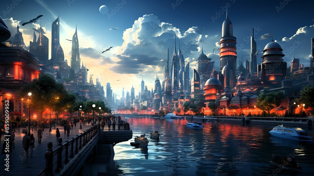 Fototapeta premium Futuristic Riverside Cityscape