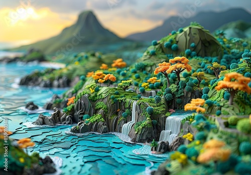 A meticulously detailed paper craft of the serene city of Jeju, South Korea, highlighting the majestic Hallasan Mountain, the beautiful Jeongbang Waterfall, and the stunning coastline. Illustration, photo